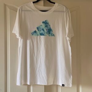 Adidas White T-Shirt with Blue Logo. Size XL
